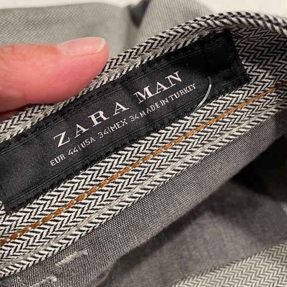 Zara Man Size 34 Flat Front Herringbone Trouser Pants Pocket Straight Leg Gray - Picture 7 of 11